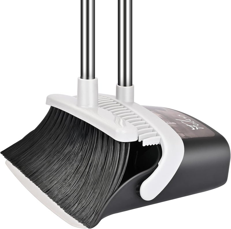 Folews Broom and Dustpan Set, Heavy Duty Dust Pan with Long Handle 51 Inch Broom with Dustpan Combo Set Upright Self-Cleaning Dust Pan Home Kitchen Lobby Indoor Outdoor Sweeping Cleaning Tool - Gray - Image 1